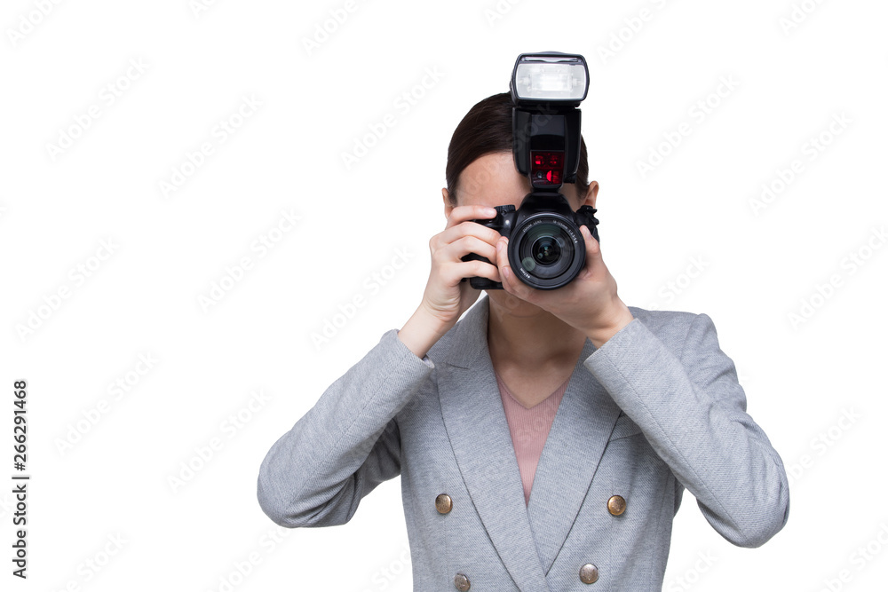 Asian Woman Photographer hold camera with external flash point to shoot subject, wear formal black suit. studio lighting white background isolated copy space, reporter journalist take photo celebrity Asian Woman Photographer hold camera with external flash point to shoot subject, wear formal black suit. studio lighting white background isolated copy space, reporter journalist take photo celebrity
