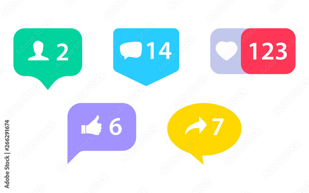 New design social network rating icons: thumbs up icon, heart symbol, repost and new follower. Set Social media Notification Icons New design social network rating icons: thumbs up icon, heart symbol, repost and new follower. Set Social media Notification Icons