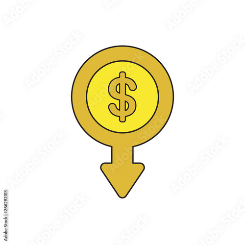 Vector icon concept of dollar money coin with arrow moving down.