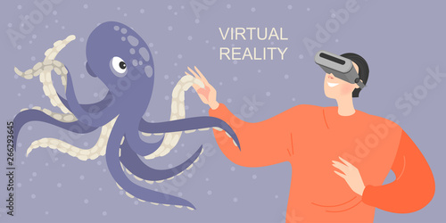 Banner with a boy in virtual reality glasses smiling and stretching hands to a virtual octopus. Play and learn with the modern technology