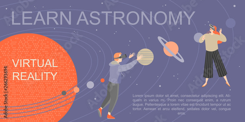 Banner with young people studying astronomy with the help of virtual reality glasses. Play and learn with the modern technology
