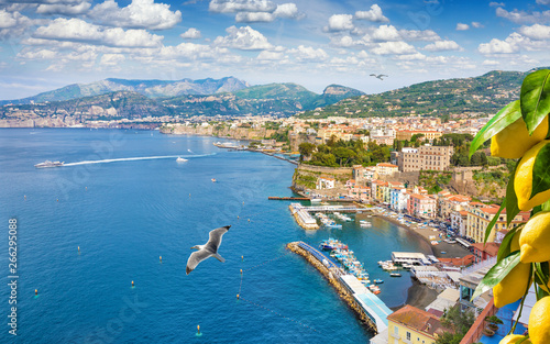 Fototapeta Naklejka Na Ścianę i Meble -  Aerial view of cliff coastline Sorrento and Gulf of Naples in Southern Italy