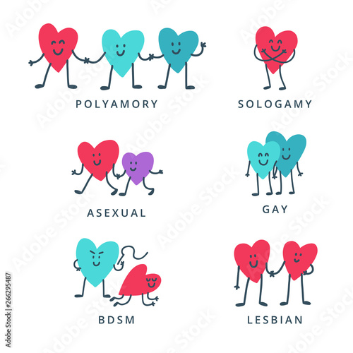 Set of icons with heart characters, LGBT and alternative types of relationships
