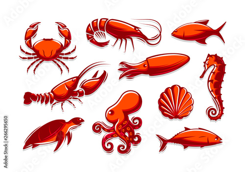 Set of sea creatures icons. Crab, shrimp, tuna, squid, lobster, octopus, shell, turtle, seahorse collection. Cartoon red logo template. Vector illustration on white background.