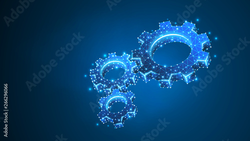 Gears. Industry, business solution, mechanical technology, machine engineering concept. Abstract, digital, wireframe, low poly mesh, vector blue neon 3d illustration. Triangle, line, dot, star