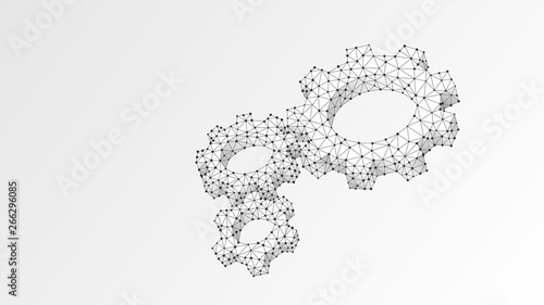 Gears. Industry, business solution, mechanical technology, machine engineering concept. Abstract, digital, wireframe, low poly mesh, vector white origami 3d illustration. Triangle, line, dot, star