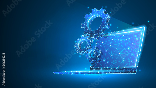 Gears on white laptop screen. Industry, business solution, technology, settings concept. Abstract, digital, wireframe, low poly mesh, vector blue neon 3d illustration. Triangle, line, dot, star