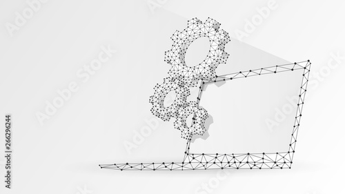 Gears on white laptop screen. Industry, business solution, technology, settings concept. Abstract, digital, wireframe, low poly mesh, vector white origami 3d illustration. Triangle, line, dot, star