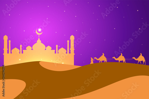 the travellers is going to the mosque at the middle of dune