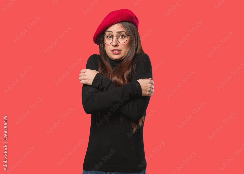 Young artist woman going cold due to low temperature Young artist woman going cold due to low temperature