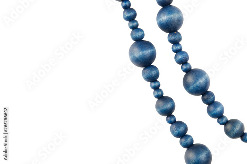 Wooden blue pearl necklace isolated on white background