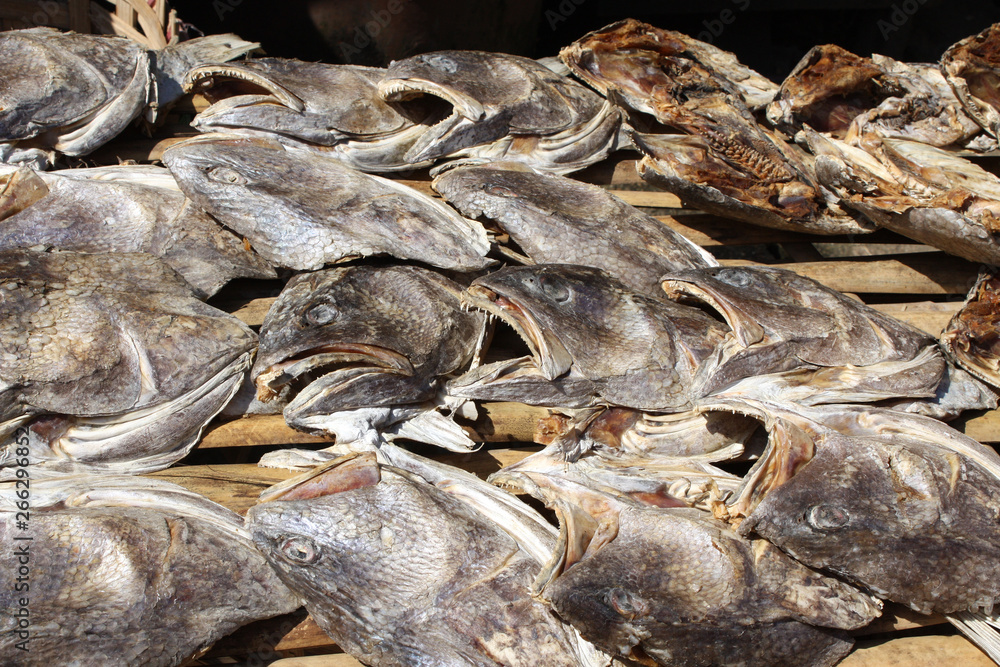 Dried fish heads on morning market in Yangon, Myanmar