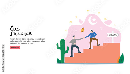 islamic design illustration concept for Happy eid mubarak or ramadan greeting with people character. a man helps old man. web landing page template, banner, presentation, social or print media