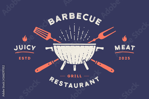 Label or logo for restaurant. Logo with grill, bbq or barbecue