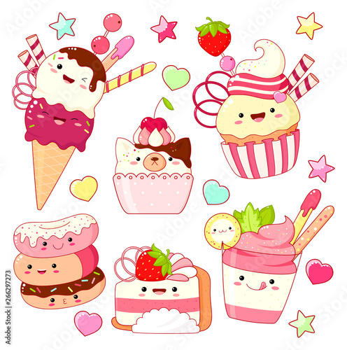 Set of cute sweet icons in kawaii style