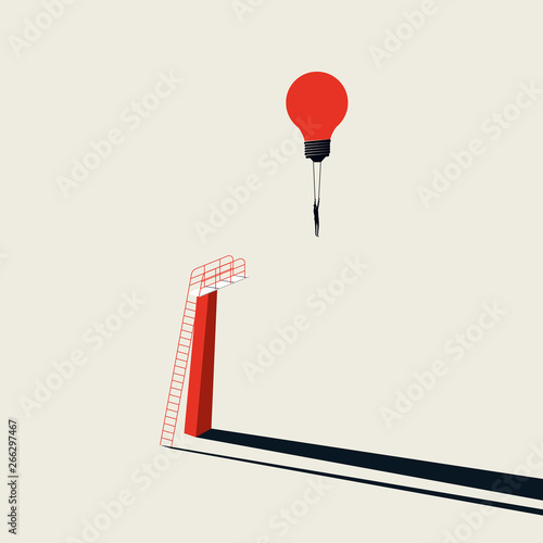 Business creative solution vector concept with businessman flying lightbulb from jumping board. Minimalist art style. Symbol of innovation, brainstorming, development, progress.