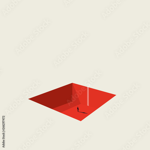 Business solution searching vector concept with businessman in a hole with ladder. Minimalist art style. Symbol of challenge, opportunity, success, growth.