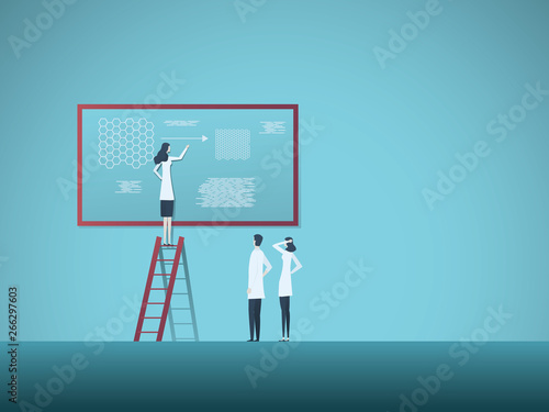 Science research vector concept with woman explaining nanotechnology to colleagues. Symbol of natural science, analysis, genetics, modern technology.