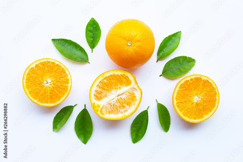 High vitamin C. Fresh orange citrus fruit with leaves isolated on white High vitamin C. Fresh orange citrus fruit with leaves isolated on white