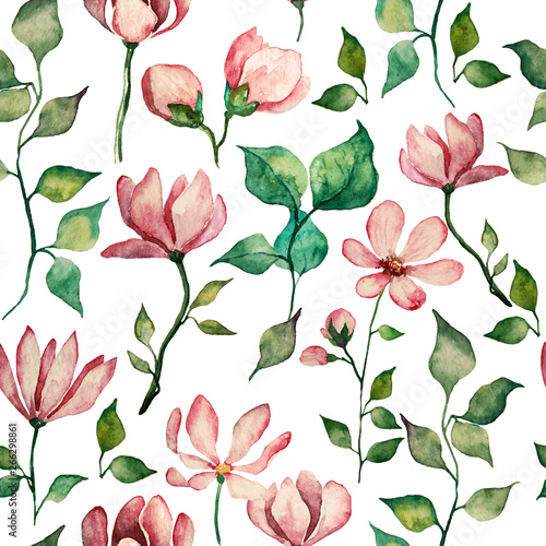 Seamless floral background. Pattern with flowers and leaves in watercolor