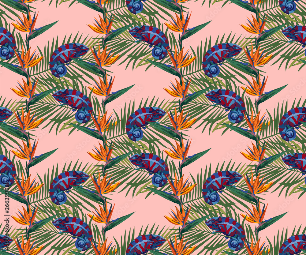 Tropical wildlife seamless pattern. Madagascar animals, flowers ornament. Vector pattern.