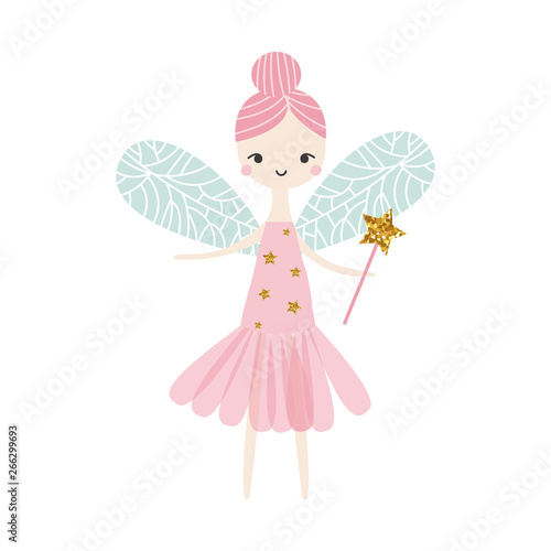 Cute fairy with glitter magic wand. Kids fashion print. Vector hand drawn illustration.