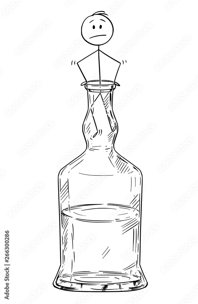 Φωτογραφία Vector cartoon stick figure drawing conceptual illustration of man climbing out of the hard liquor or spirits bottle neck