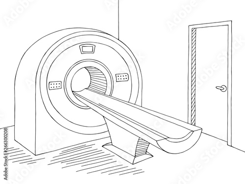Computed tomography scan device hospital room interior graphic black white sketch illustration vector