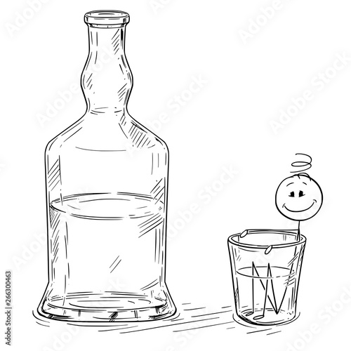 Vector cartoon stick figure drawing conceptual illustration of man taking bath in shot glass with hard liquor, spirits bottle standing near. Metaphor of alcoholism.