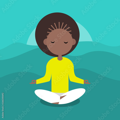 Meditation.Calm character sitting in a lotus pose. Flat cartoon design.Clip art.