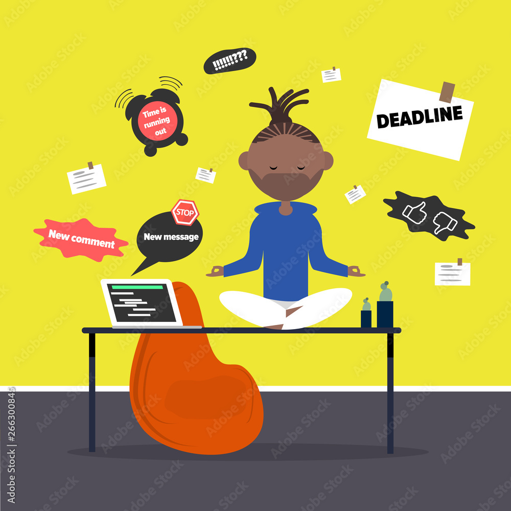Meditation at the office. Calm character sitting in a lotus pose on a desk surrounded by the notifications. Flat cartoon design Meditation at the office. Calm character sitting in a lotus pose on a desk surrounded by the notifications. Flat cartoon design
