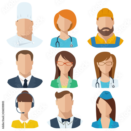 Set of nine different professions male and female avatars. 