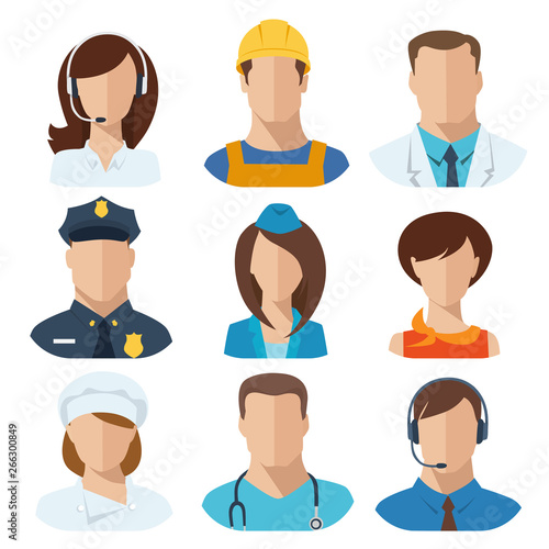 Set of nine different professions male and female avatars. 