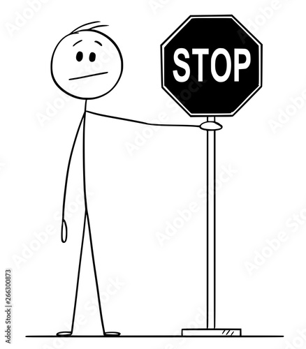Vector cartoon stick figure drawing conceptual illustration of man or businessman holding stop sign.