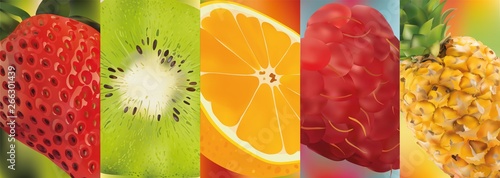 3d realistic fruit, pineapple, raspberry, kiwi, strawberry, orange. Vector graphics. A set of fruit.