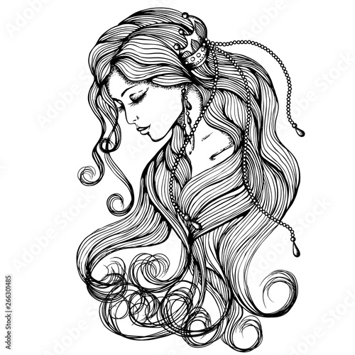Line art. Vector illustration of a beautiful young embarrassed girl with long hair. Isolated on white background. Coloring book page