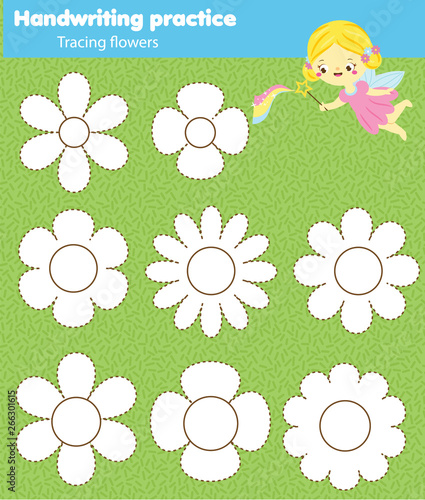 Handwriting practice sheet. Tracing lines for toddlers and pre school kids. Educational children game. Draw flowers