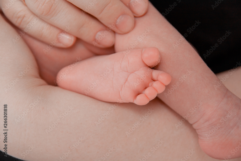 Pregnancy, maternity, preparation and expectation motherhood, giving birth concept. Newborn baby feet in hands of parents Pregnancy, maternity, preparation and expectation motherhood, giving birth concept. Newborn baby feet in hands of parents