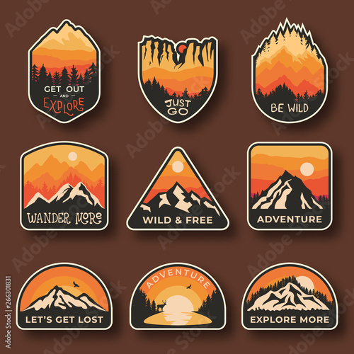 Set of nine mountain travel emblems. Camping outdoor adventure emblems, badges and logo patches. Mountain tourism, hiking. Nature labels in vintage style