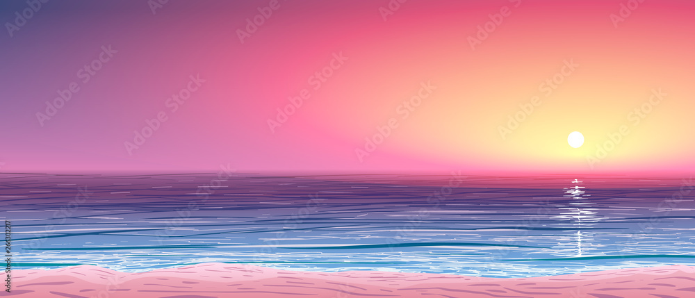 vector calm ocean shore at sunset - obrazy, fototapety, plakaty 