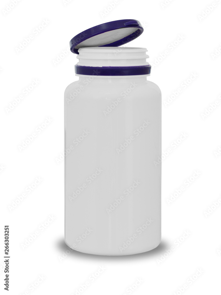 plastic small bottle for tablets and pills with an open cover on a white background with a shadow plastic small bottle for tablets and pills with an open cover on a white background with a shadow