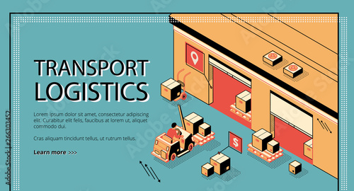 Transport logistics, delivery service isometric vector web banner, landing page. Forklift carrying, transporting goods, parcels on palette trough warehouse, depot hangar gates line art illustration