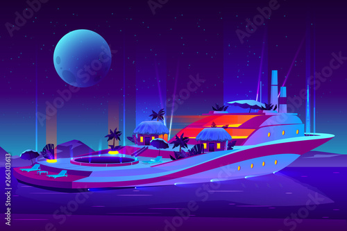 Night party on future floating hotel, cruise ship, yacht cartoon vector concept. Futuristic, illuminated passenger vessel with swimming pool, bungalows, lounge chairs on deck sailing under full moon