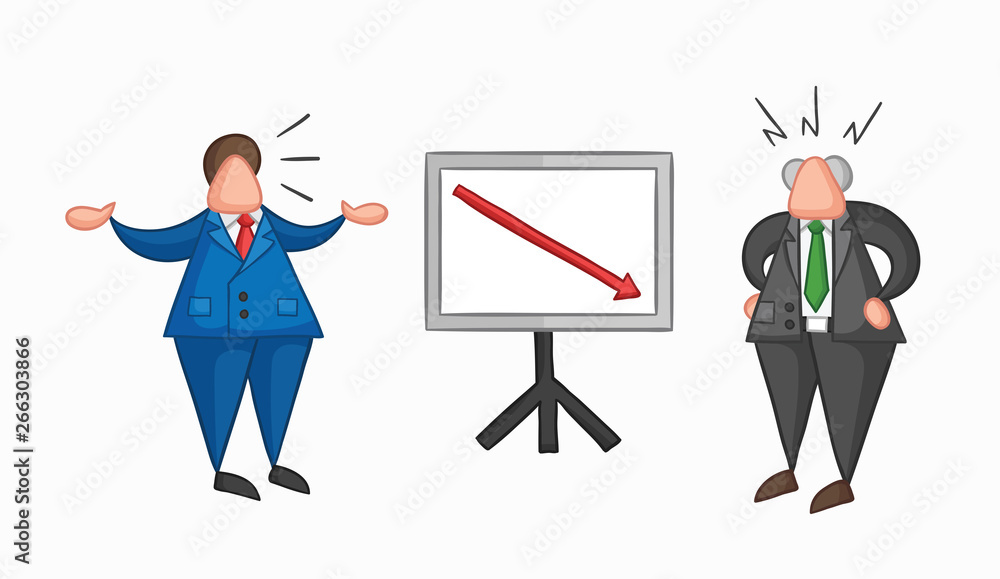 Hand-drawn vector businessman worker showing sales chart arrow moving down and boss is angry