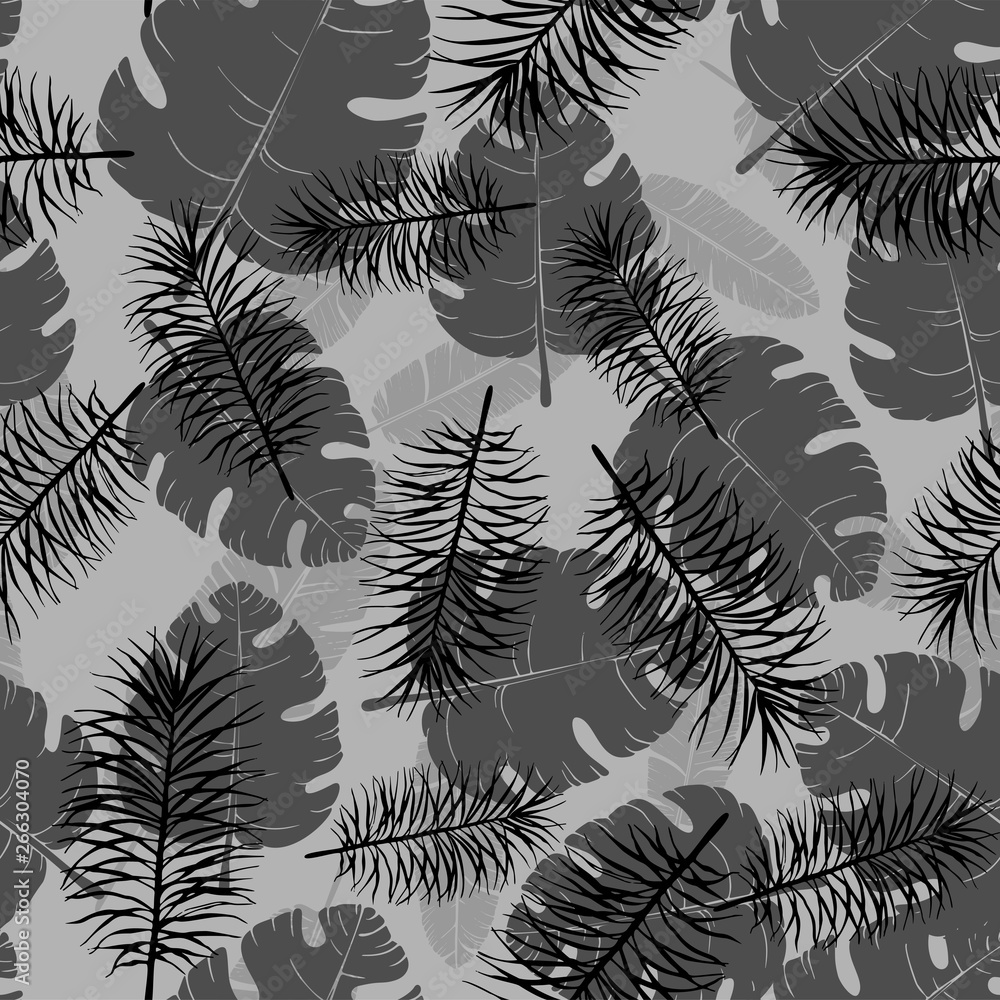 Vector seamless monochrome pattern of palm leaves and tropical plants. Exotic background for seasonal design.