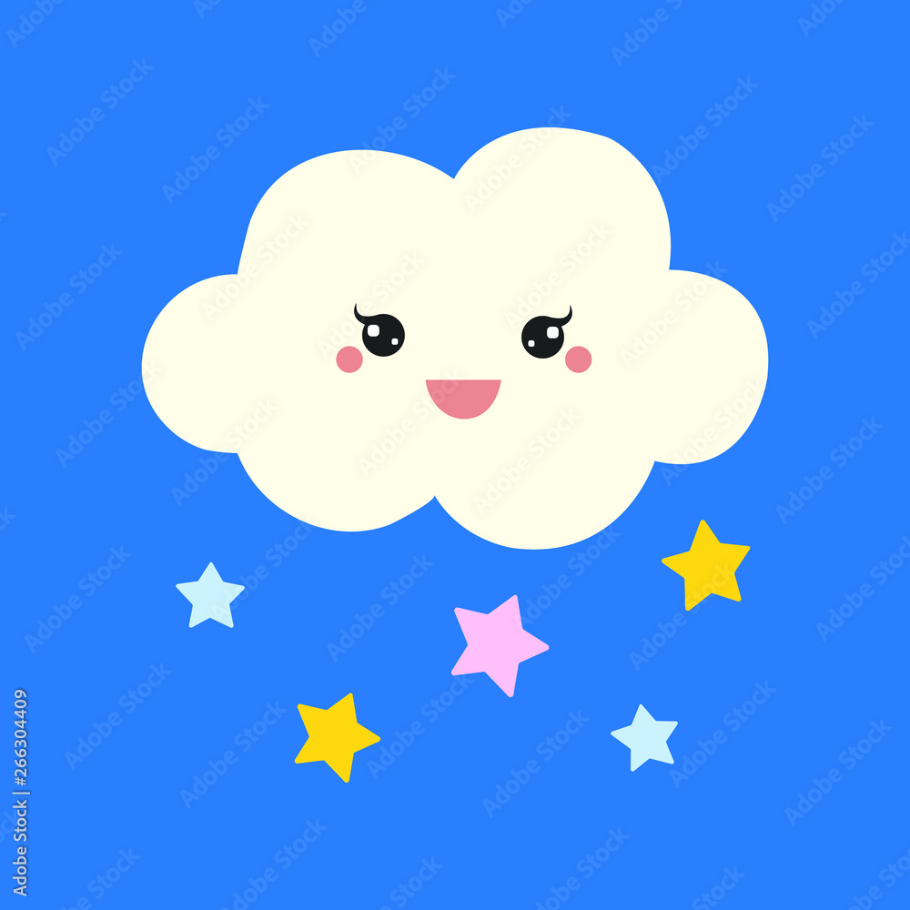 Obraz premium Cute Happy Cloud with Stars, Print or Icon Vector Illustration