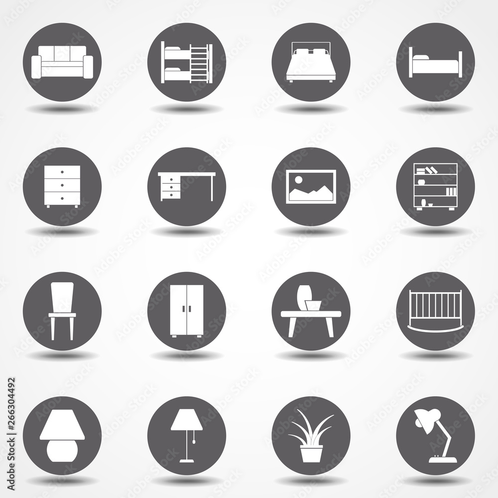 Set of vector isolated icon - vector bed, office chair, bedroom upholstered furniture, restaurant table and more. Set of vector isolated icon - vector bed, office chair, bedroom upholstered furniture, restaurant table and more.
