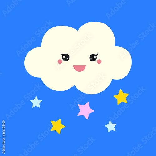 Cute Happy Cloud with Stars, Print or Icon Vector Illustration