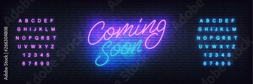 Coming soon neon vector lettering. Glowing light bright sign for marketing, advertisement or promotion.