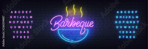 Barbeque neon vector glowing sign. Bright lettering label for bbq or grill restaurant.